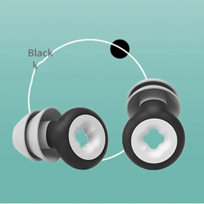 Black ultra-soft silicone ear plugs with a white core and triple flange design.