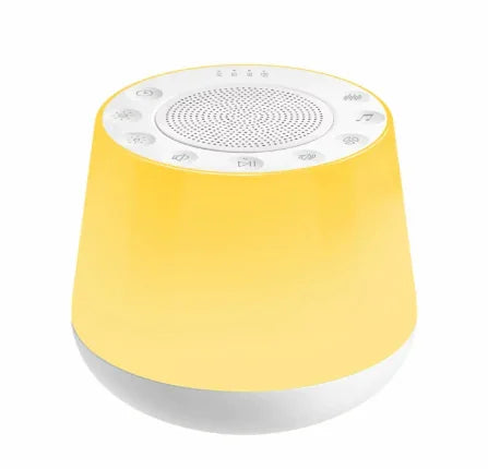 Compact white noise machine with white top speaker grille and soft yellow glowing cylindrical base.