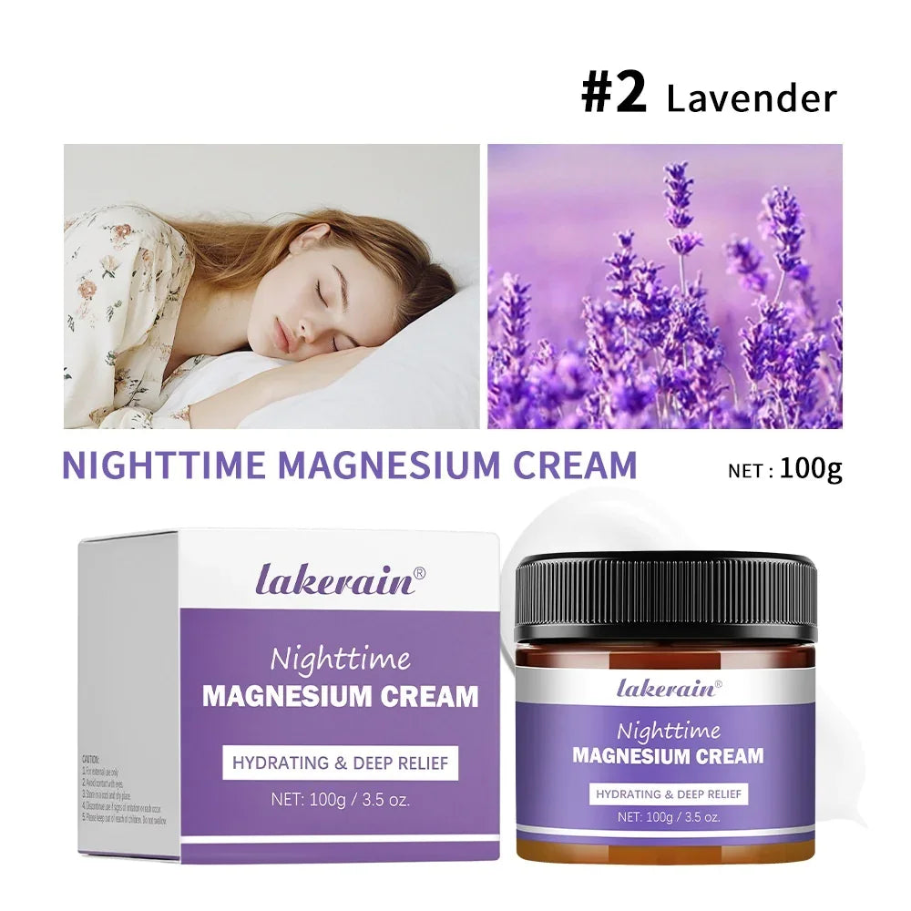 Restology MagRecovery lavender nighttime magnesium cream jar and box with lavender flowers and sleeping woman background.
