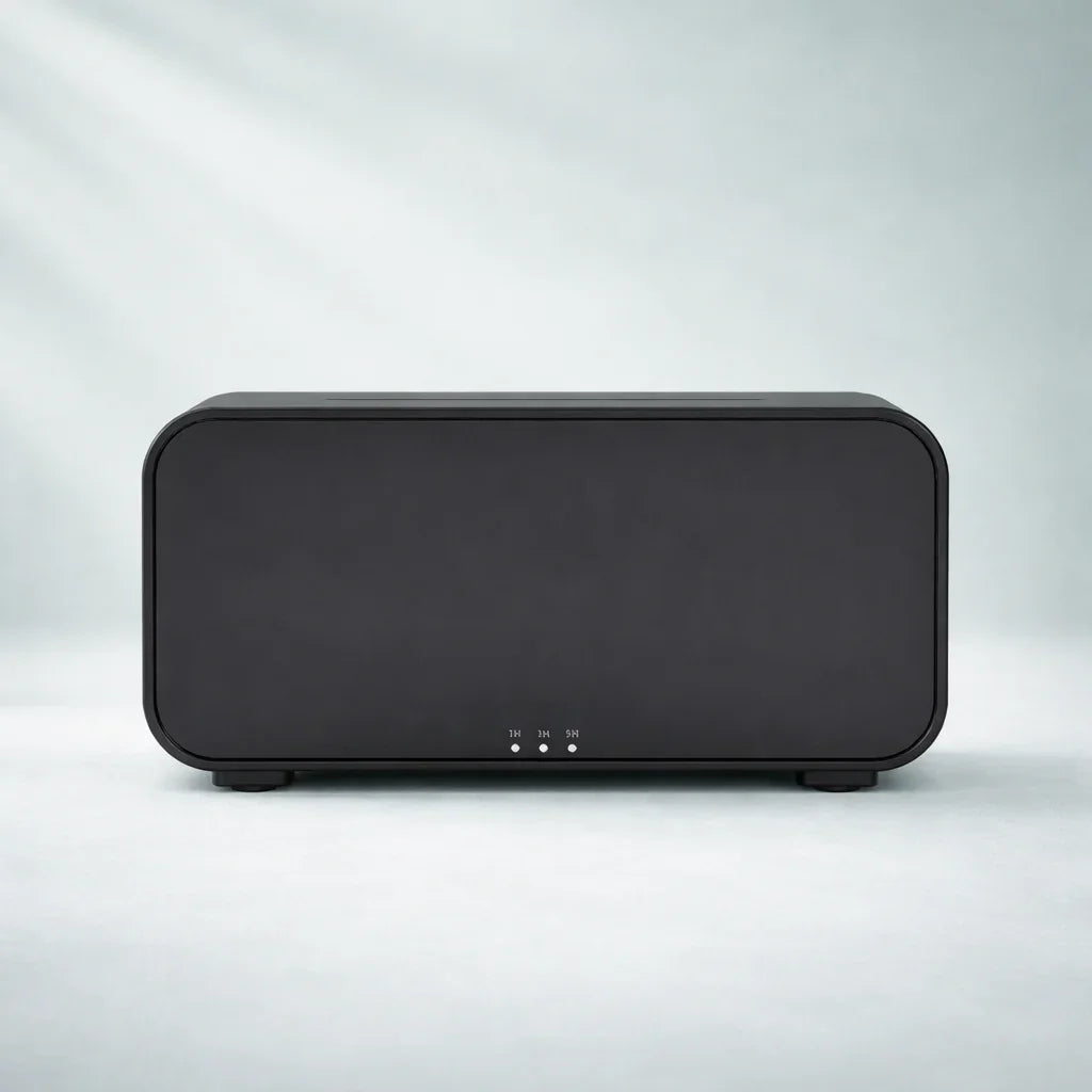 Restology PureMist ultrasonic flame aroma diffuser and humidifier with adjustable mist settings and warm LED lighting for sleep sanctuary wellness.