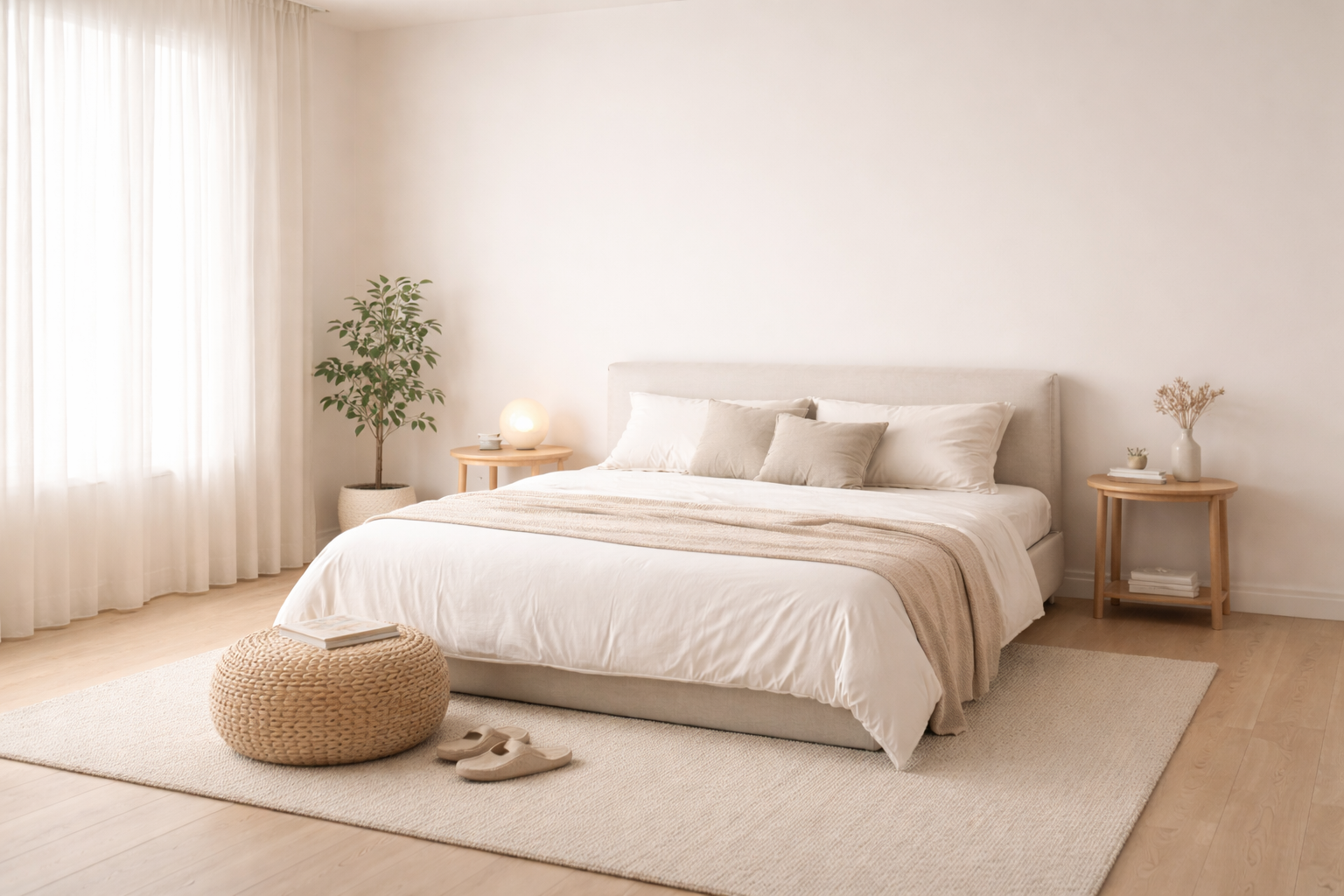 Neatly arranged bedroom with a bed, nightstands, and decor.