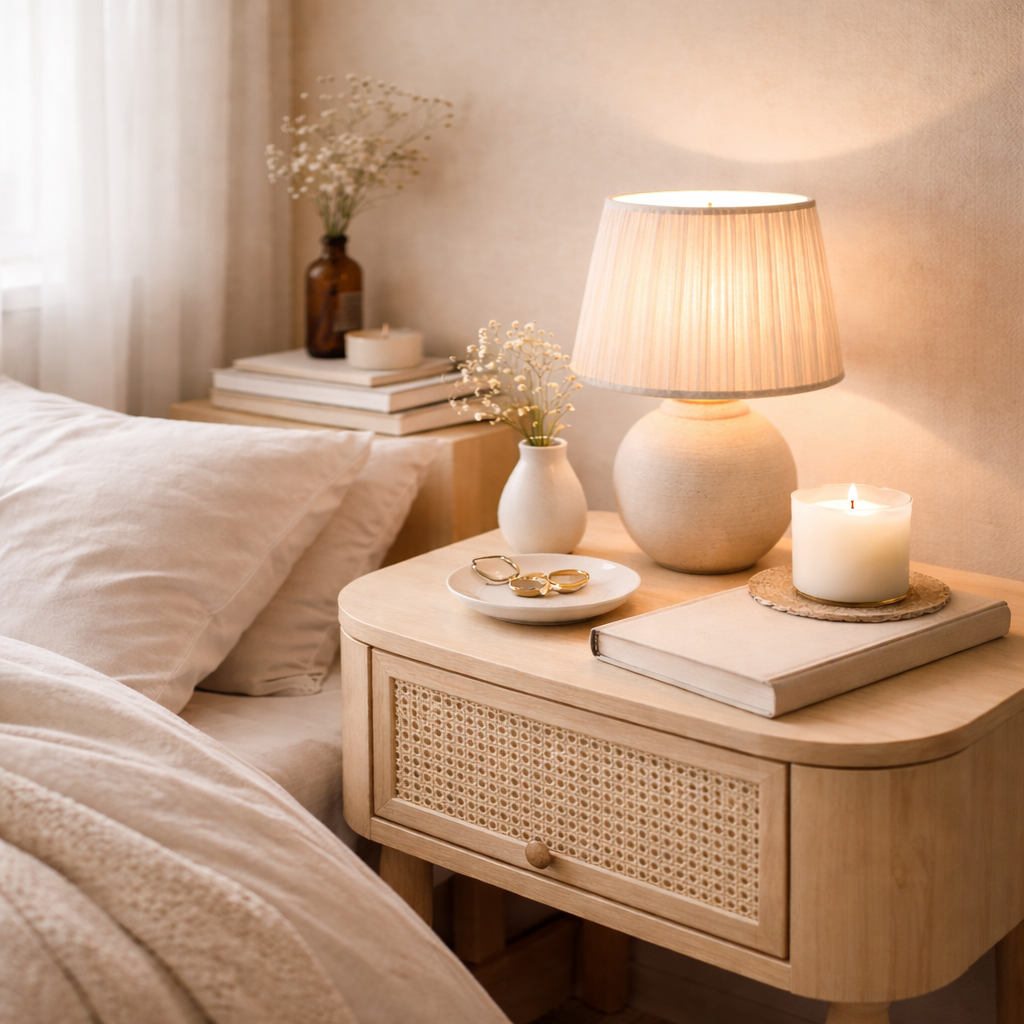 Wooden nightstand with lamp, books, and candles in a bedroom setting