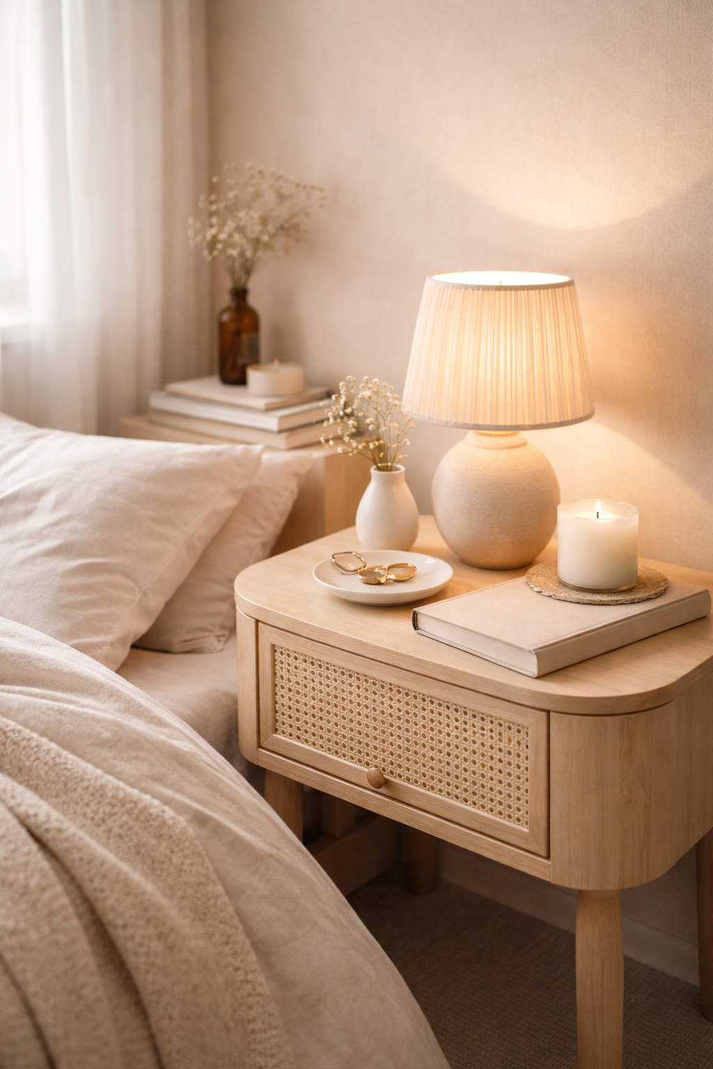 Neatly arranged bedroom with a nightstand, lamp, books, and a candle.