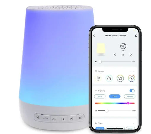 Restology CloudSound white noise engine with blue ambient light and smartphone showing app controls.