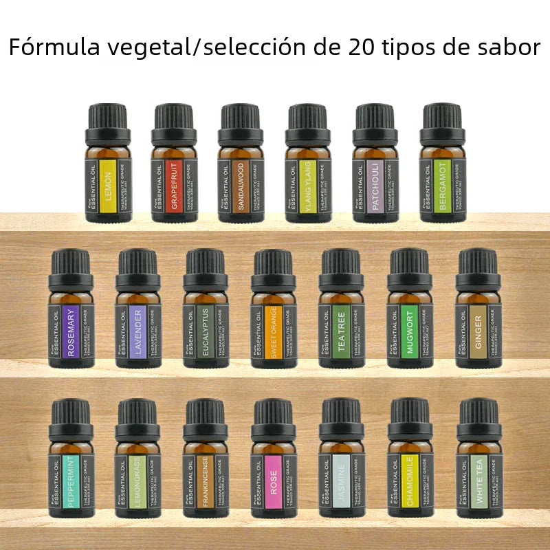 Twenty small amber glass bottles of Restology Essence essential oils with black caps, each labeled with different colors and .