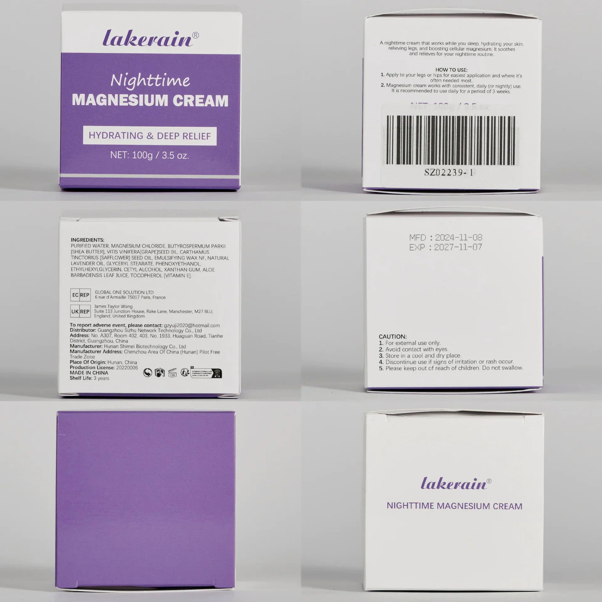 Lavender Nighttime Magnesium Cream box with purple and white design, front, back, and side views showing product info and.
