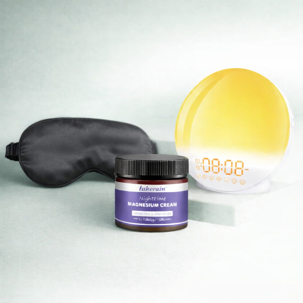 Sleep aid products including a sleep mask, magnesium cream, and a night light on a light gray background.