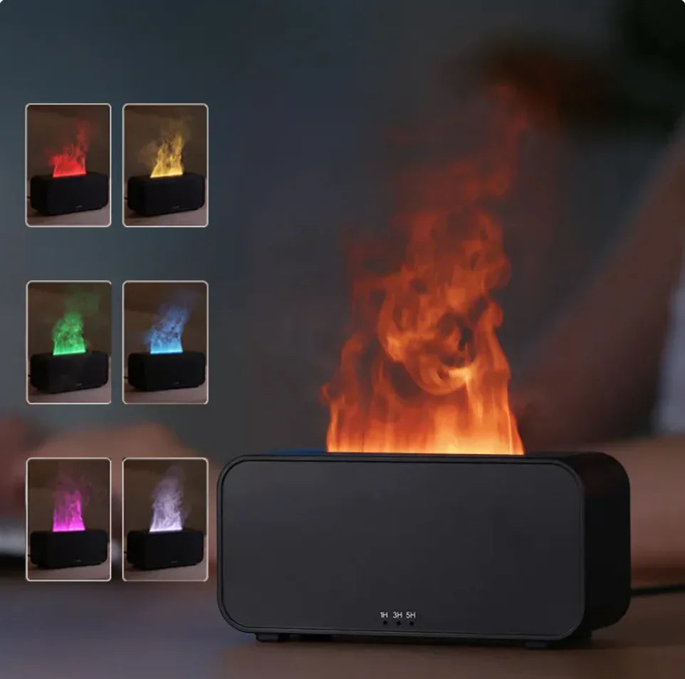 Black rectangular ultrasonic sleep diffuser with colorful mist options including red, yellow, green, blue, purple, and white.