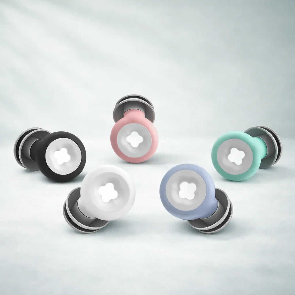 Restology QuietCore ultra-soft silicone earplugs with noise-reduction rings and interchangeable shells for side sleepers and travel.
