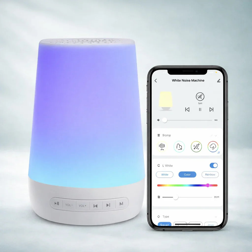 Restology CloudSound app-controlled smart white noise machine with multi-color night light and Alexa voice control for nursery sleep optimization.