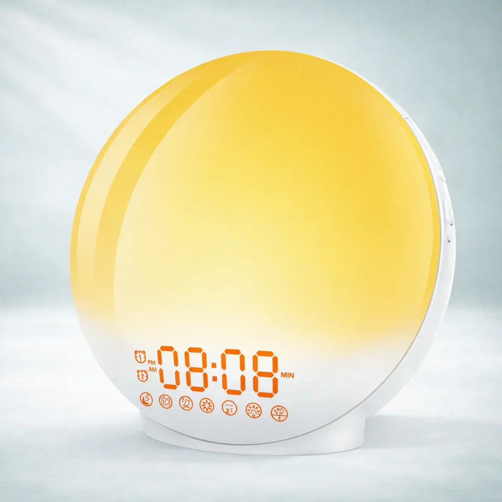 Restology Helios sunrise alarm clock and LED wake-up light with circadian rhythm synchronization and atmospheric color modes.